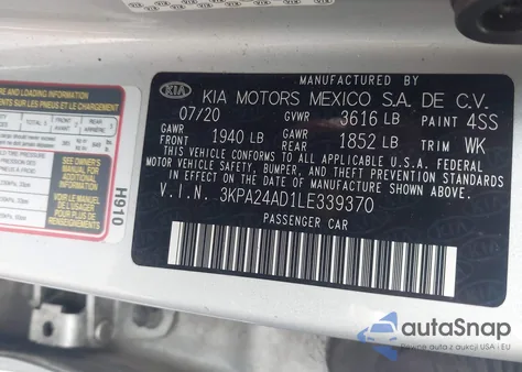 2020 Kia Rio Lx z USA, uszkodzony, nr VIN 3KPA24AD1LE339370